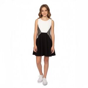 NEW Zoe Ltd Black, White & Silver Inset‎ Girls Flared Skirt Party Dress 7/6X